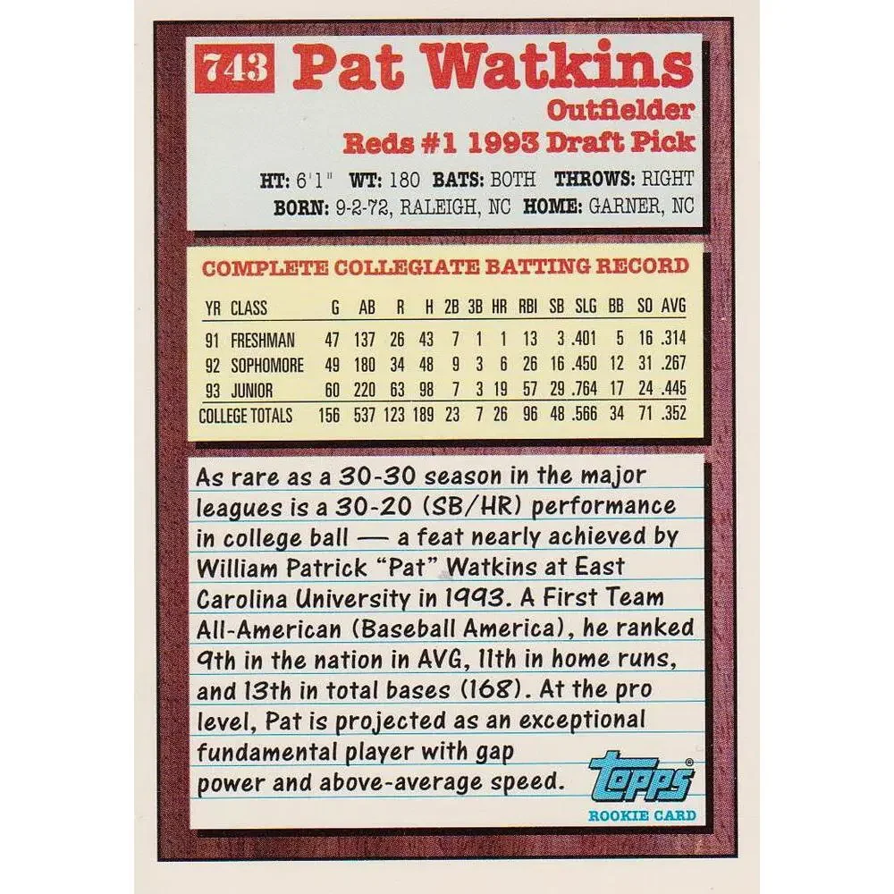 1994 Topps Pat Watkins DPK, RC # 743 Cincinnati Reds